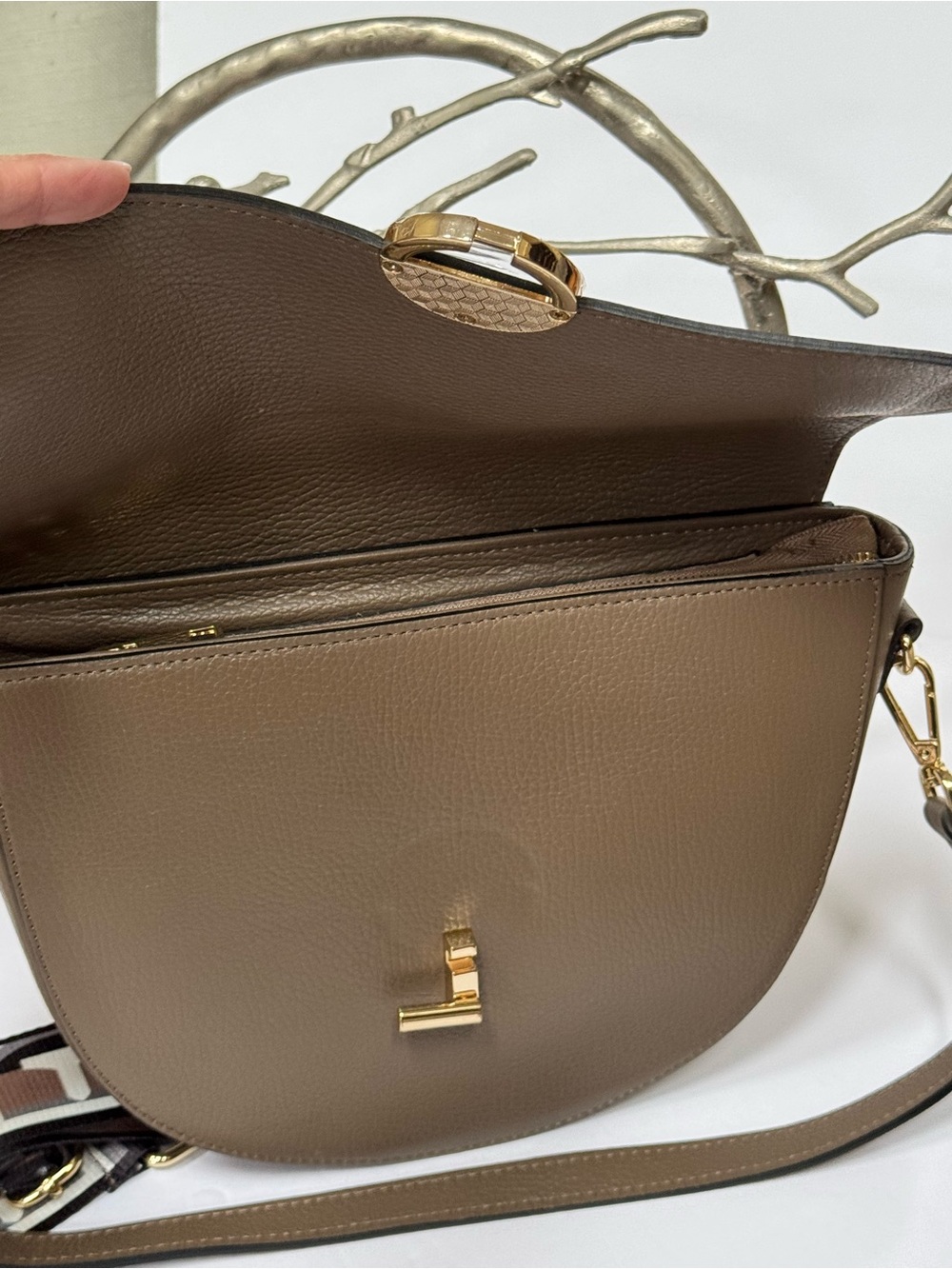 Taupe Leather Half-Moon Crossbody Bag with Gold Ring Accent - Picture 7 of 12